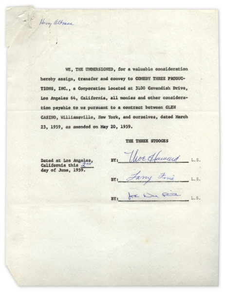 Three Stooges Signed Agreement to Glen Casino, Dated June 1959 -- Signed by Moe Howard, Larry Fine & Joe DeRita -- Measures 8.5'' x 11'' -- Very Good